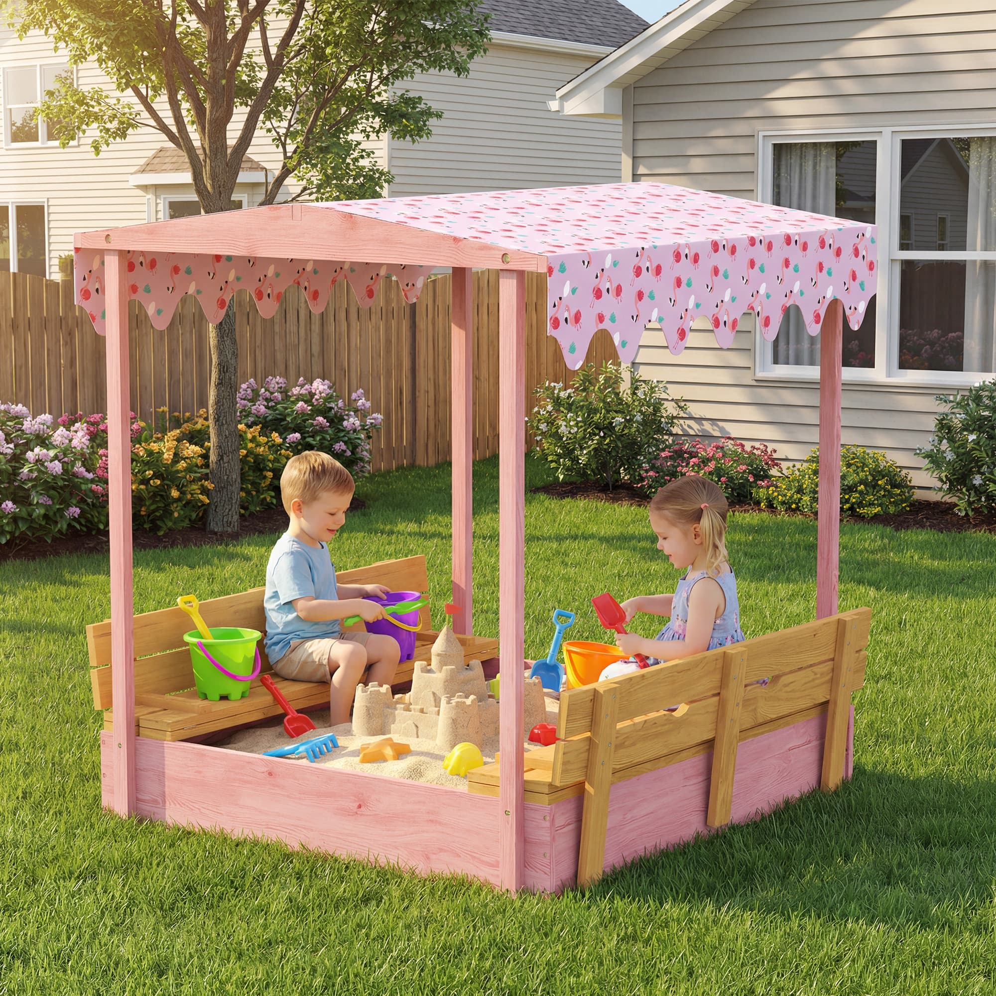 Wooden Sandbox with Cover, Kids Sandbox Outdoor