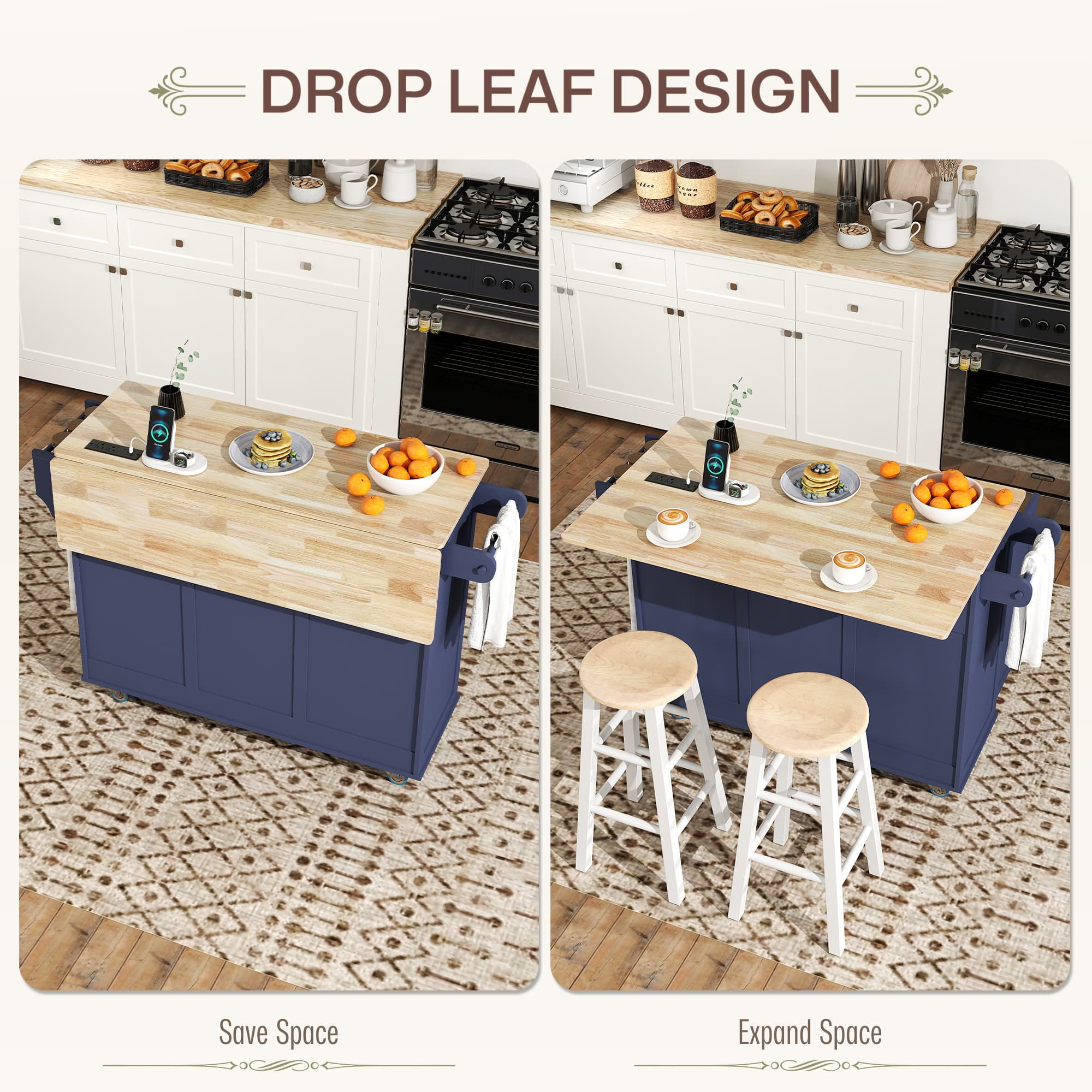 Kitchen Island on Wheels with Drop Leaf image 4