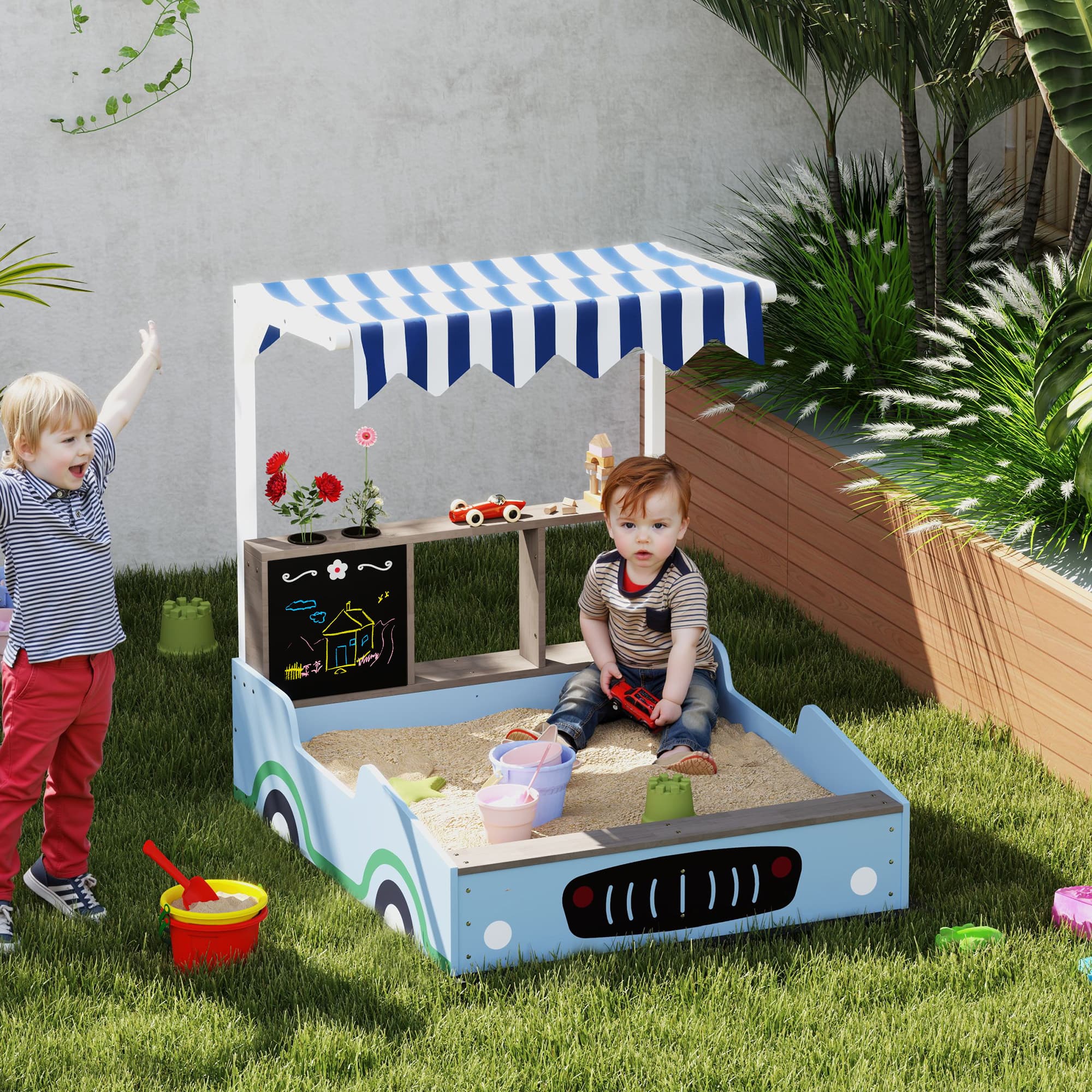 Kids Wooden Sandbox with Canopy with Bench image 2