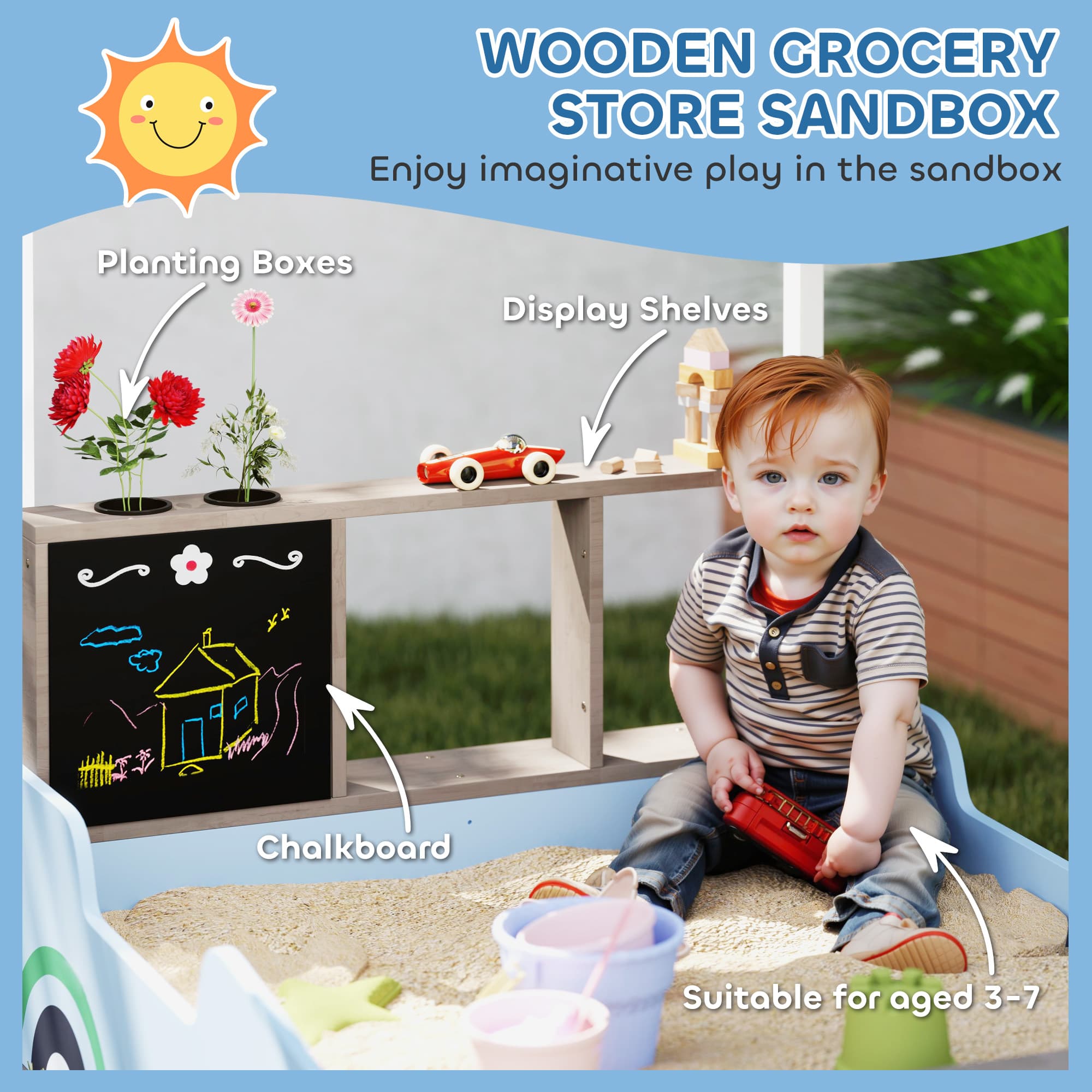 Kids Wooden Sandbox with Canopy with Bench image 4