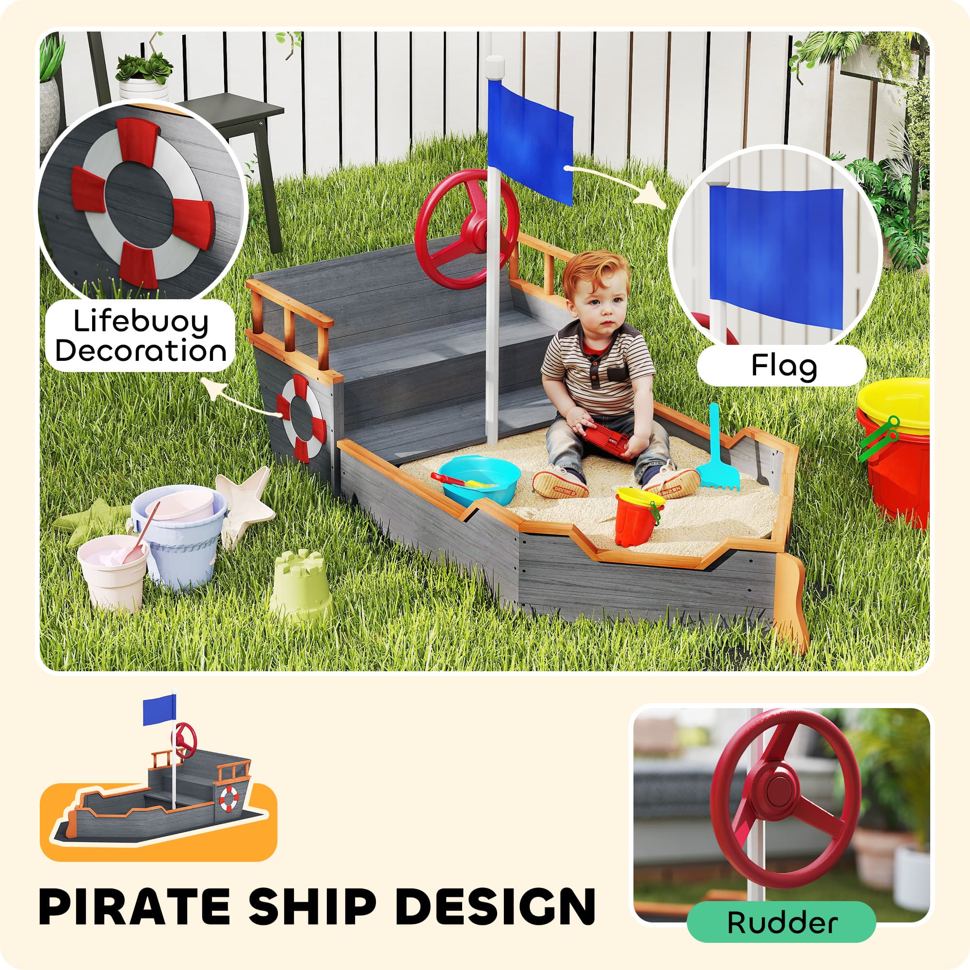 Kids Wooden Sandbox Pirate Ship Sandboat w image 4