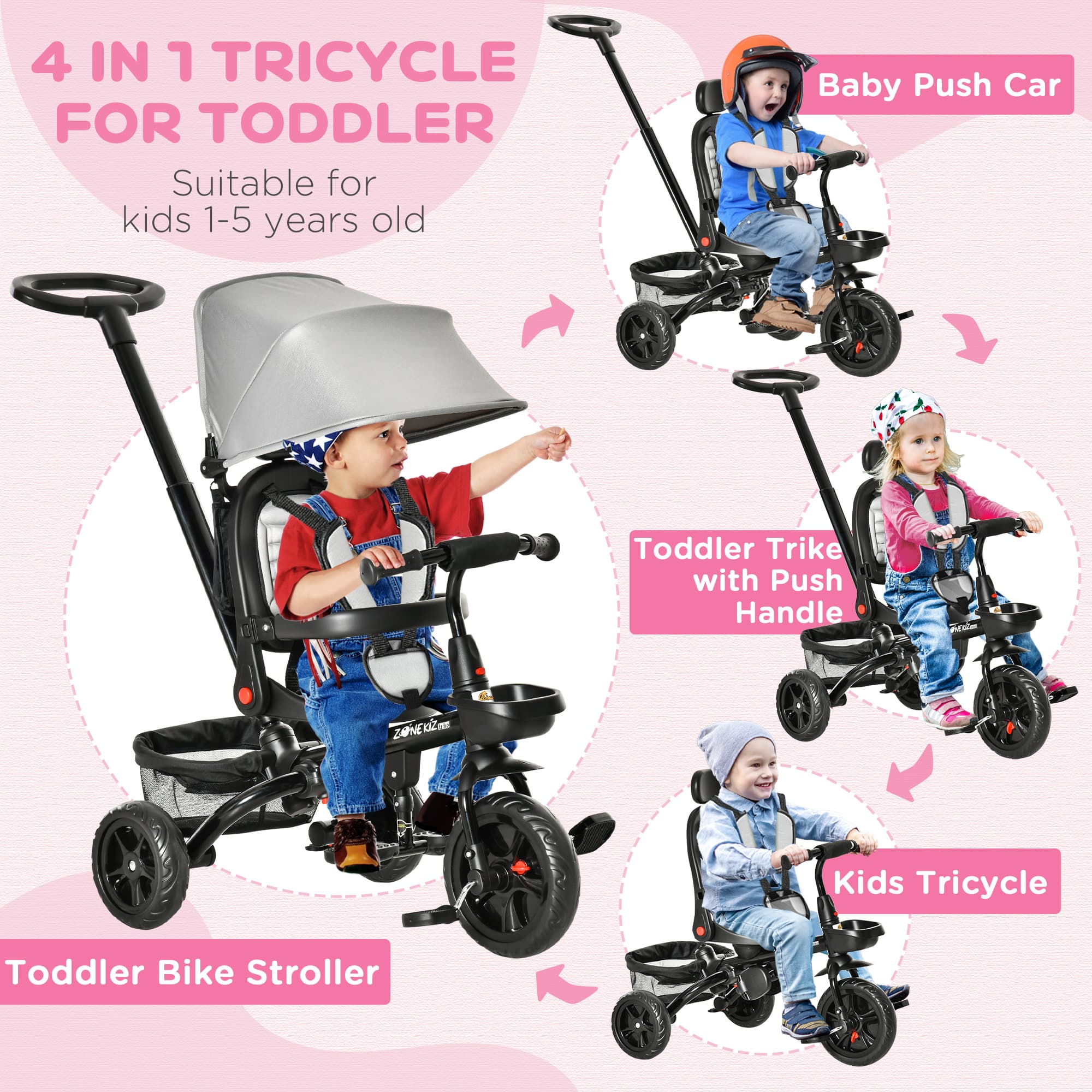 Kids Tricycle, 4 in 1 Foldable Trike image 4