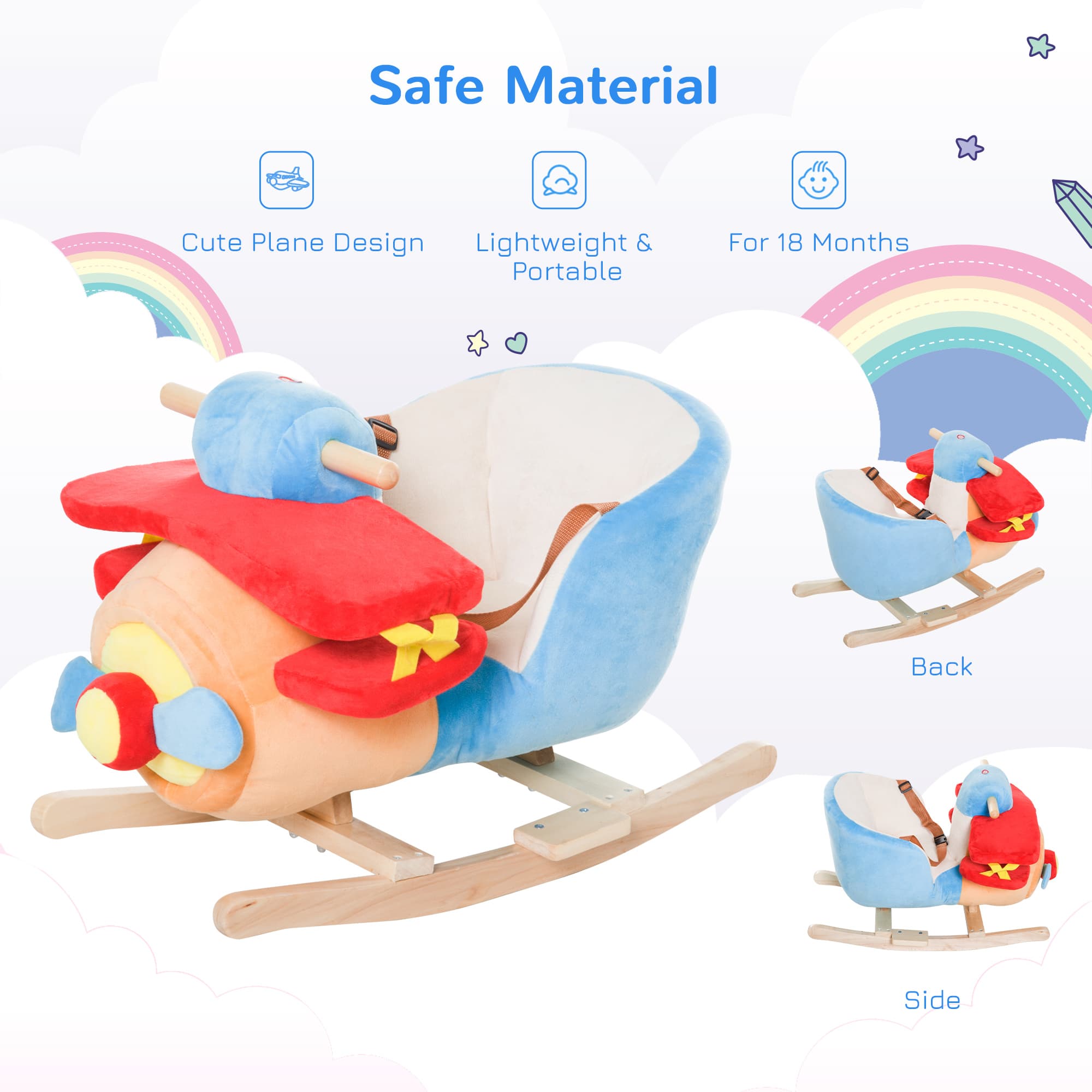 Kids Rocking Horse, Wooden Plush Ride-on Plane image 5