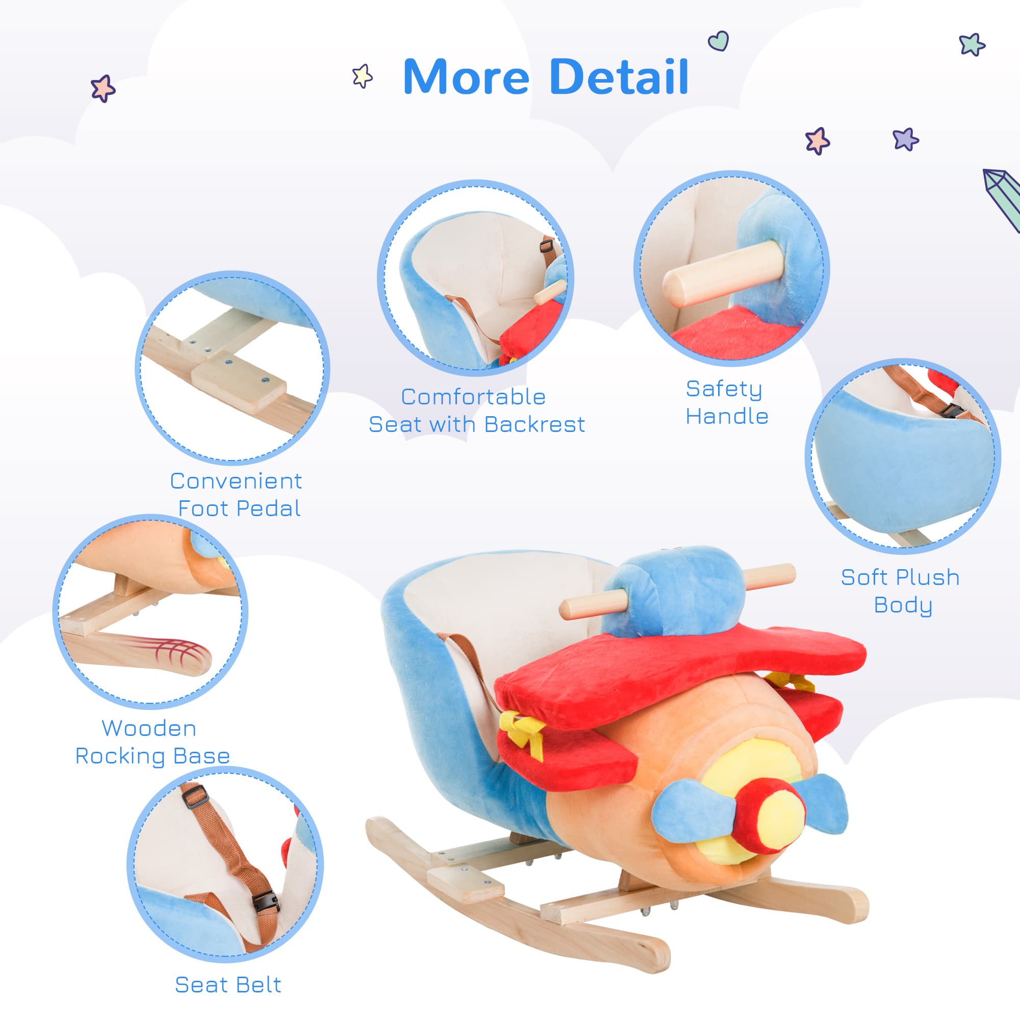 Kids Rocking Horse, Wooden Plush Ride-on Plane image 7