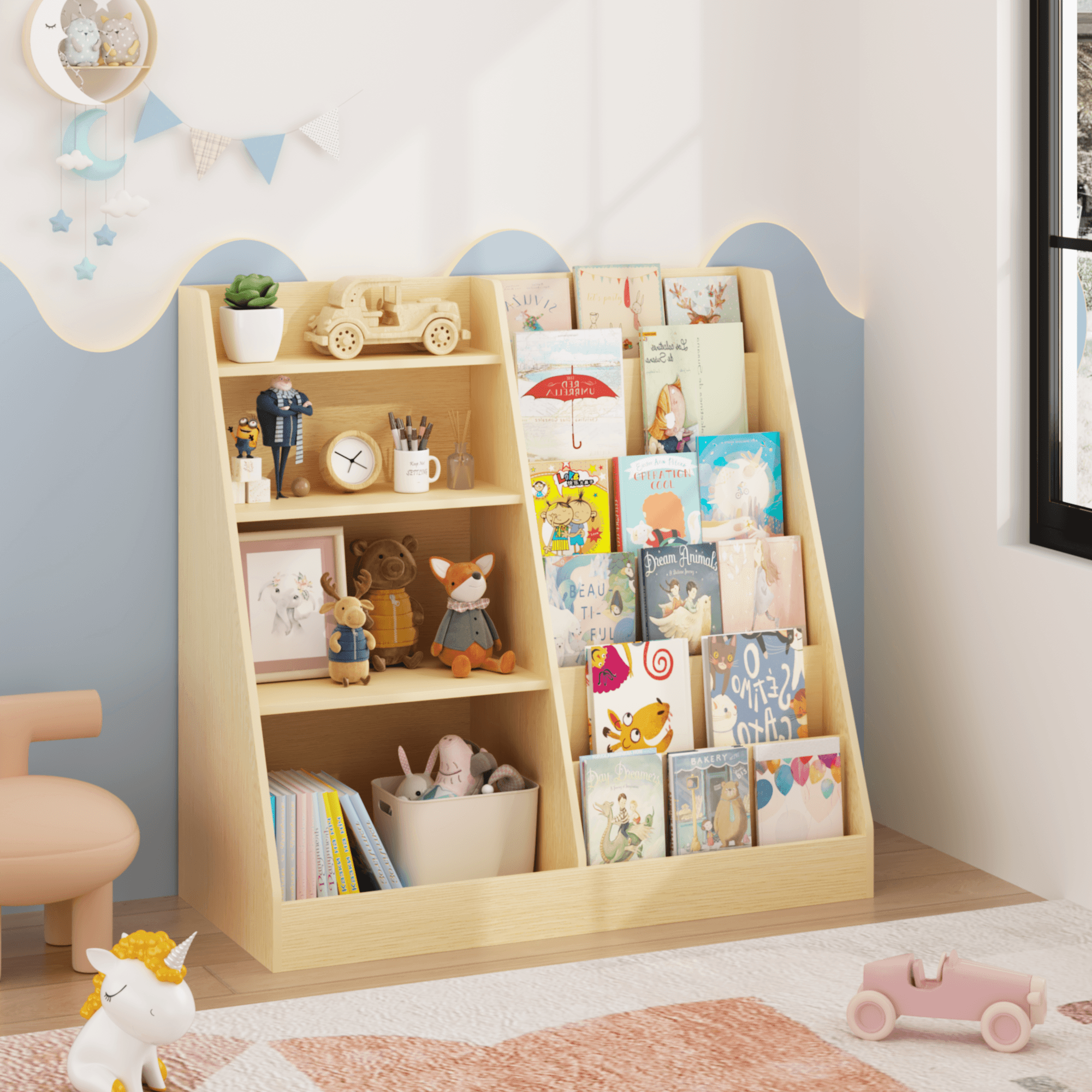 Kids Bookshelf And Toy Storage Organizer, Multifunctional 4 Tier Wooden Kids Book Shelf With Bookcase Display Stand In Kids Room Playroom Nursery For Kids, Children, Toddlers Natural