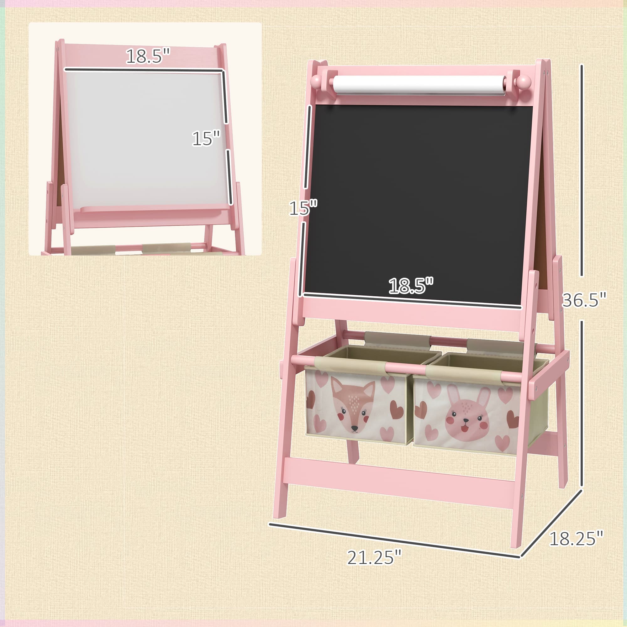 Art Easel for Kids with Paper Roll, Blackboard, Whiteboard, Storage, Pink image 3