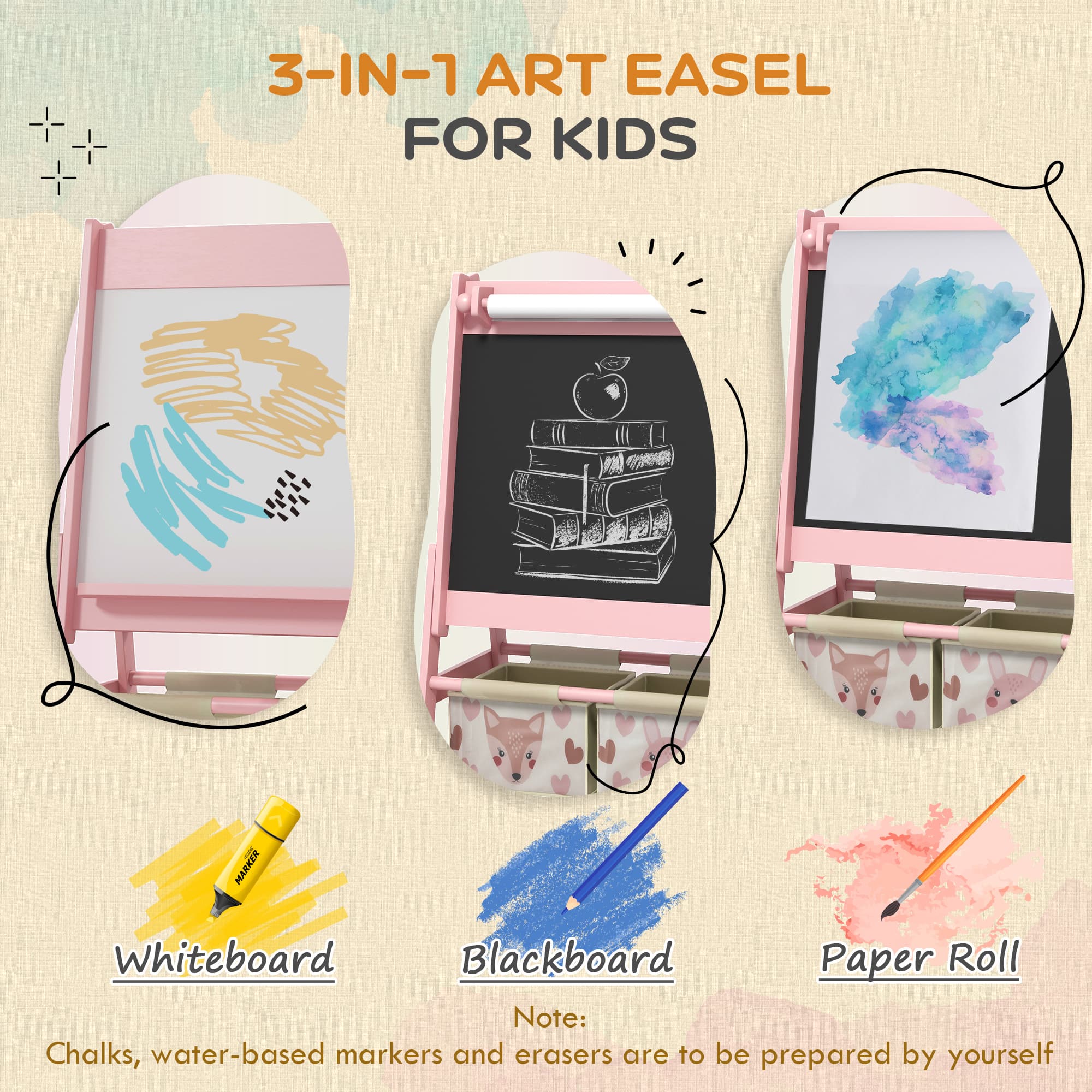 Art Easel for Kids with Paper Roll, Blackboard, Whiteboard, Storage, Pink image 4