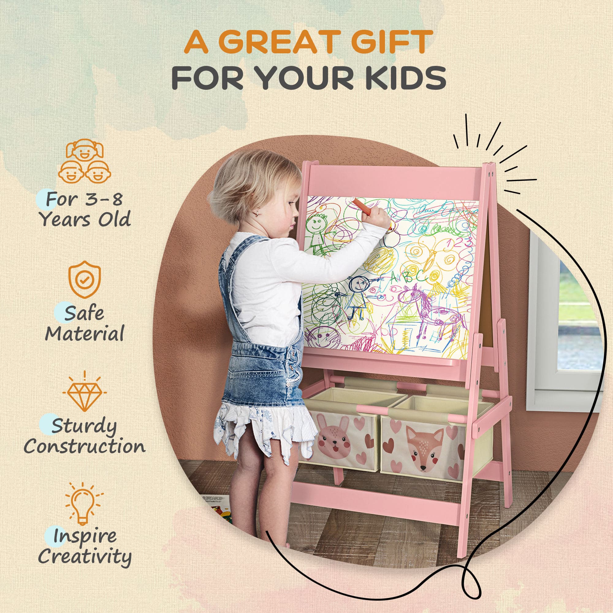 Art Easel for Kids with Paper Roll, Blackboard, Whiteboard, Storage, Pink image 6