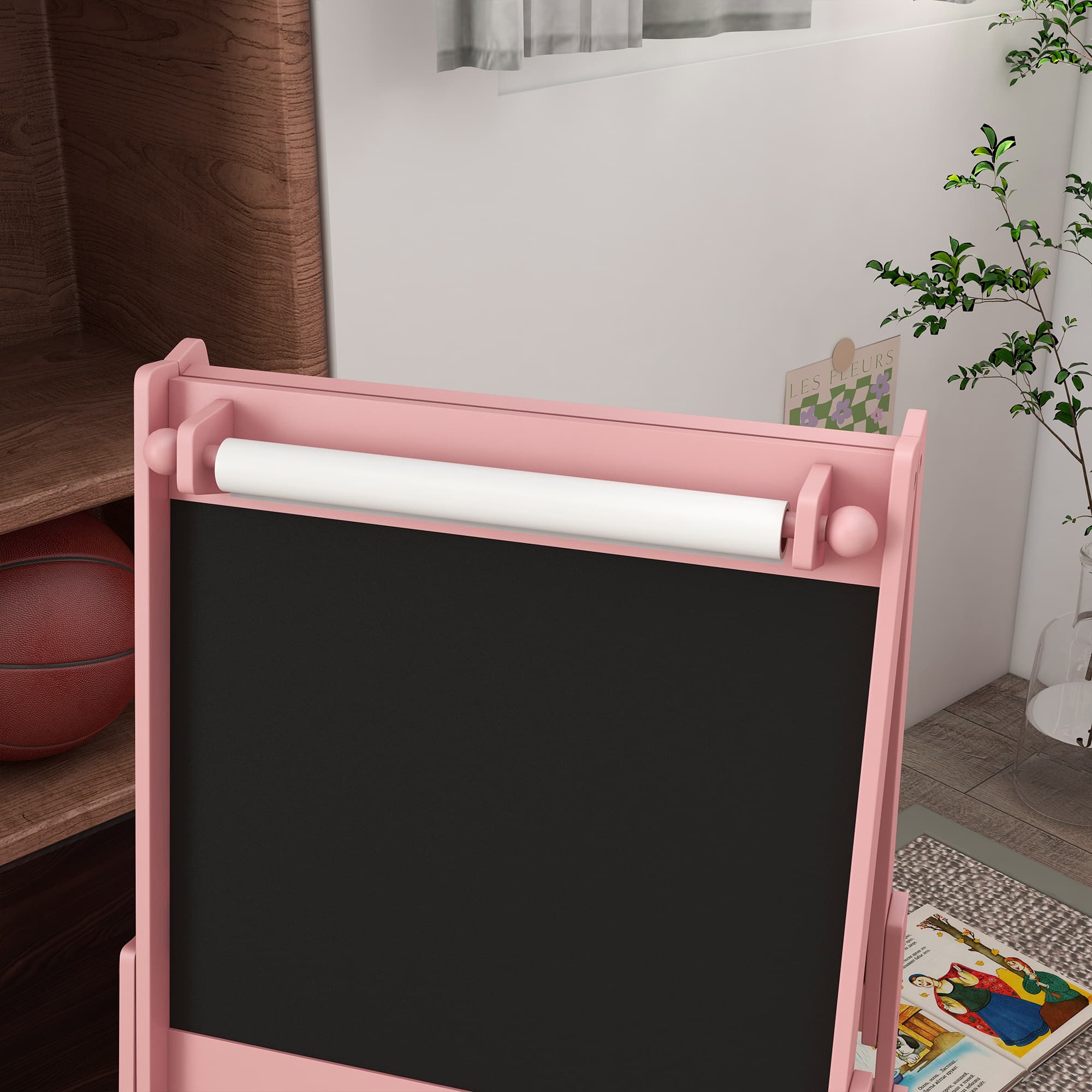 Art Easel for Kids with Paper Roll, Blackboard, Whiteboard, Storage, Pink image 7