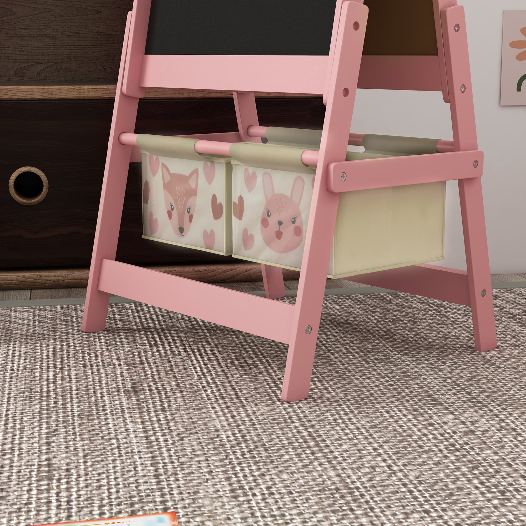 Art Easel for Kids with Paper Roll, Blackboard, Whiteboard, Storage, Pink image 8