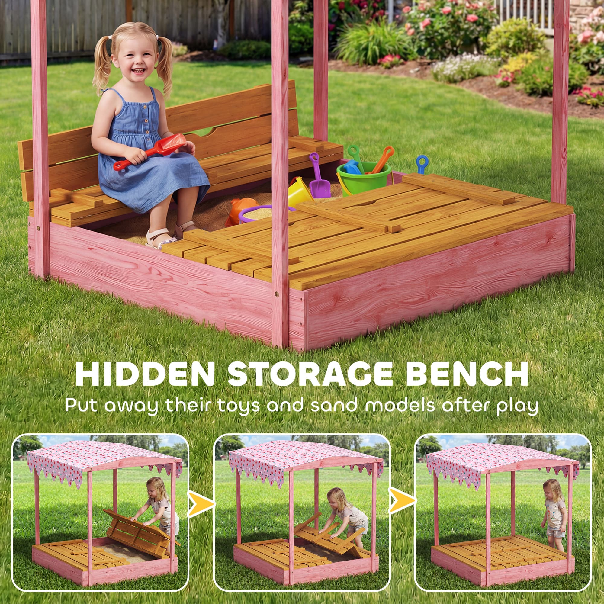 Wooden Sandbox with Cover, Kids Sandbox Outdoor image 4