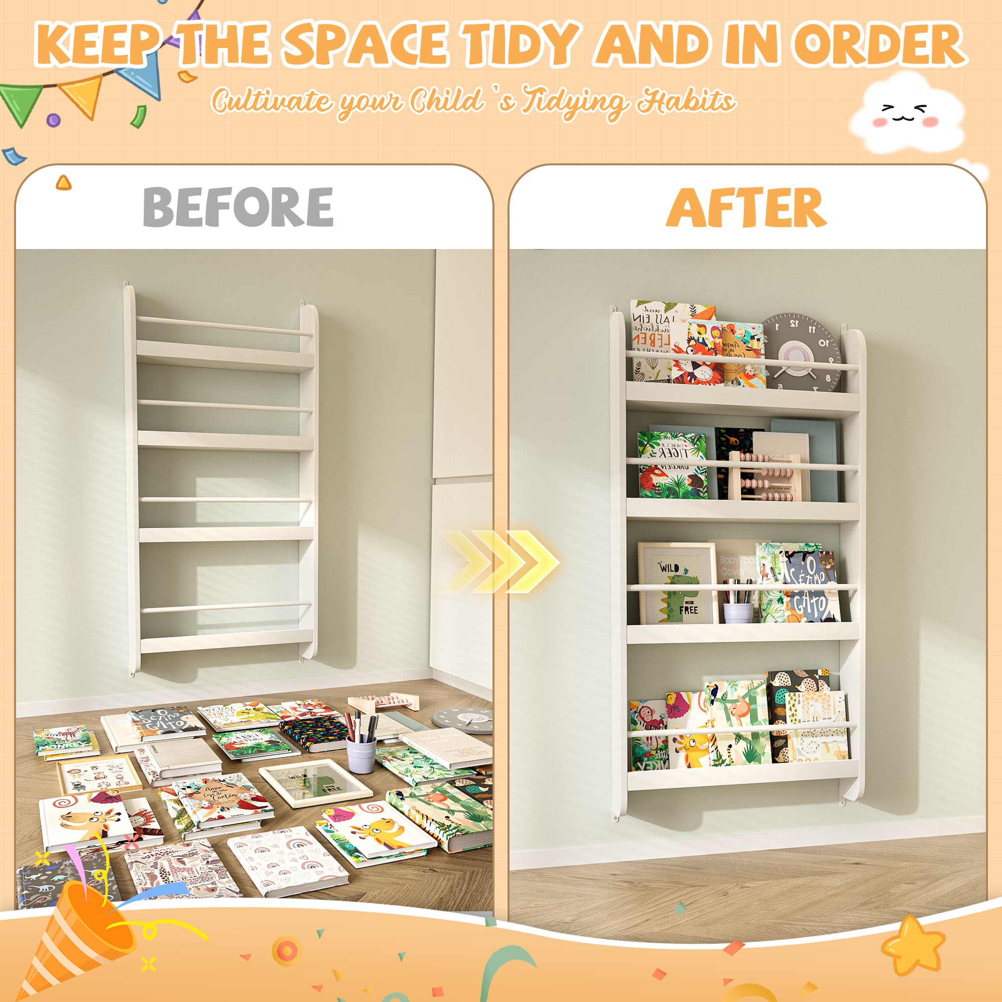 4-Tier Kids Bookshelf, Wall Mounted Kids Bookcases image 3
