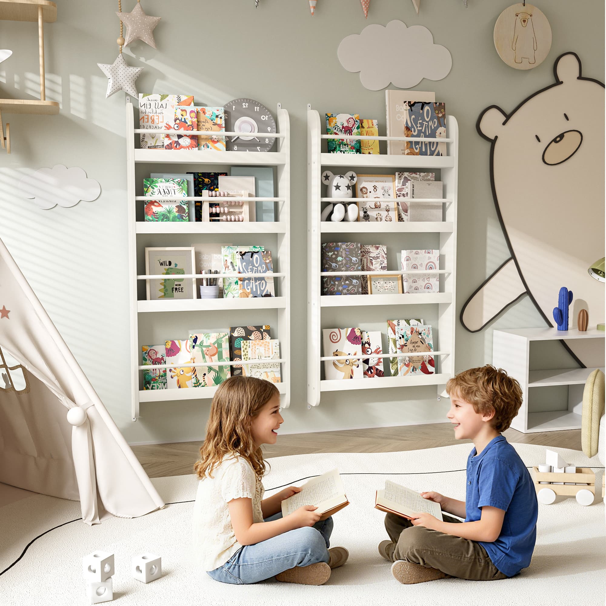 4-Tier Kids Bookshelf, Wall Mounted Kids Bookcases image 13
