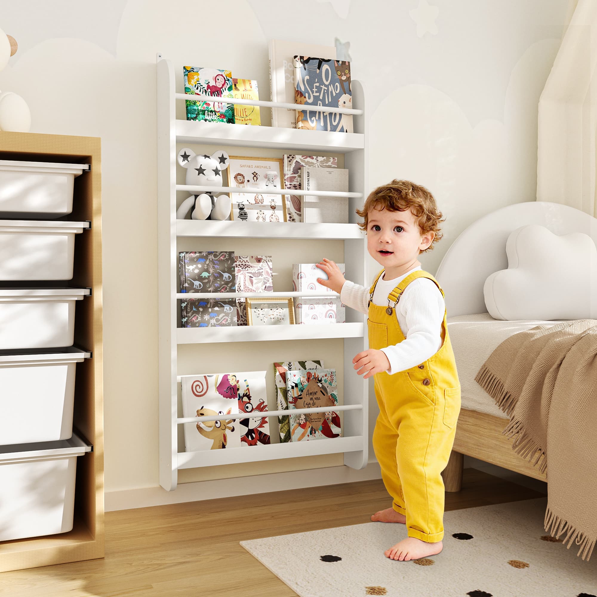 4-Tier Kids Bookshelf, Wall Mounted Kids Bookcases image 8