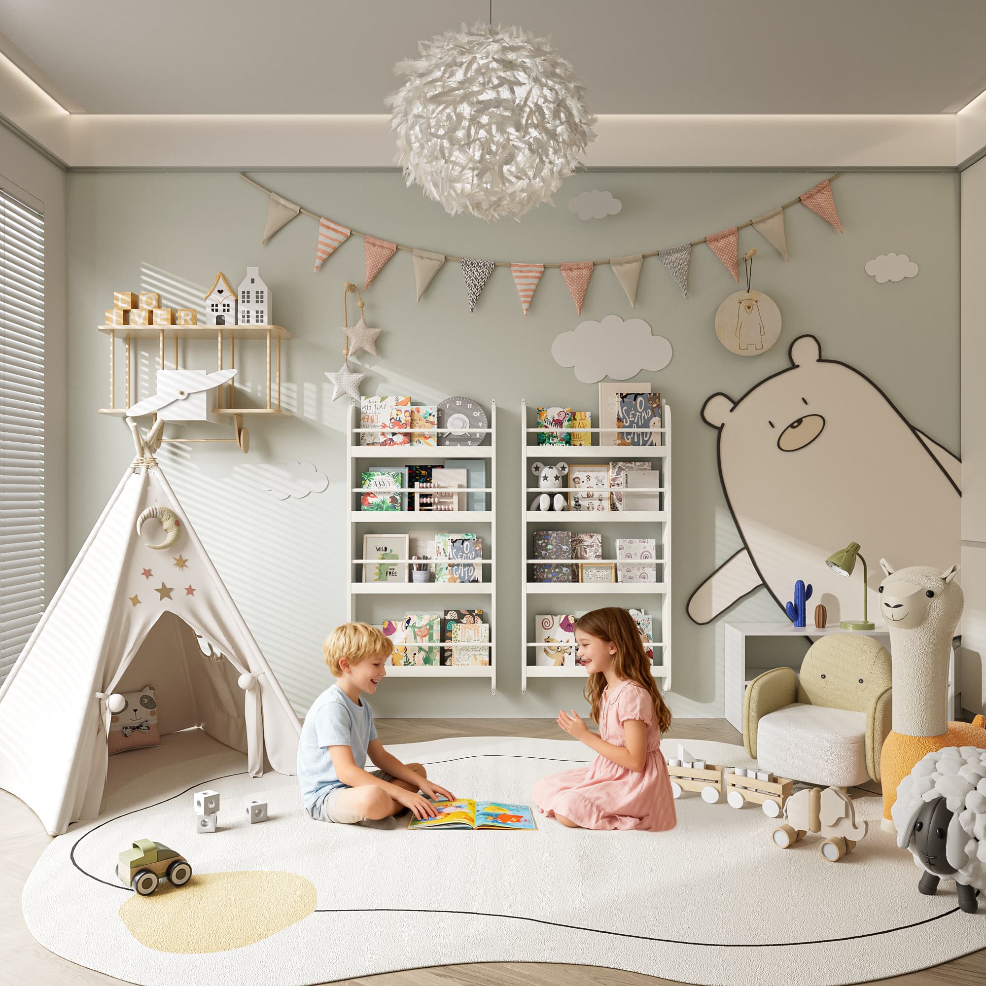 4-Tier Kids Bookshelf, Wall Mounted Kids Bookcases image 14