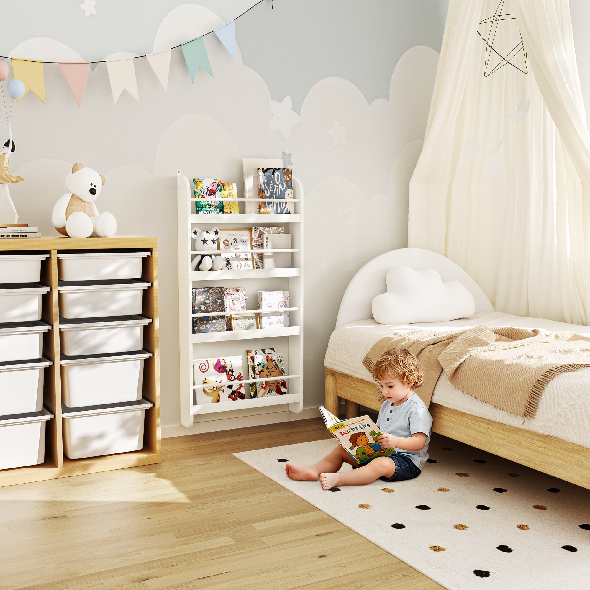 4-Tier Kids Bookshelf, Wall Mounted Kids Bookcases image 7