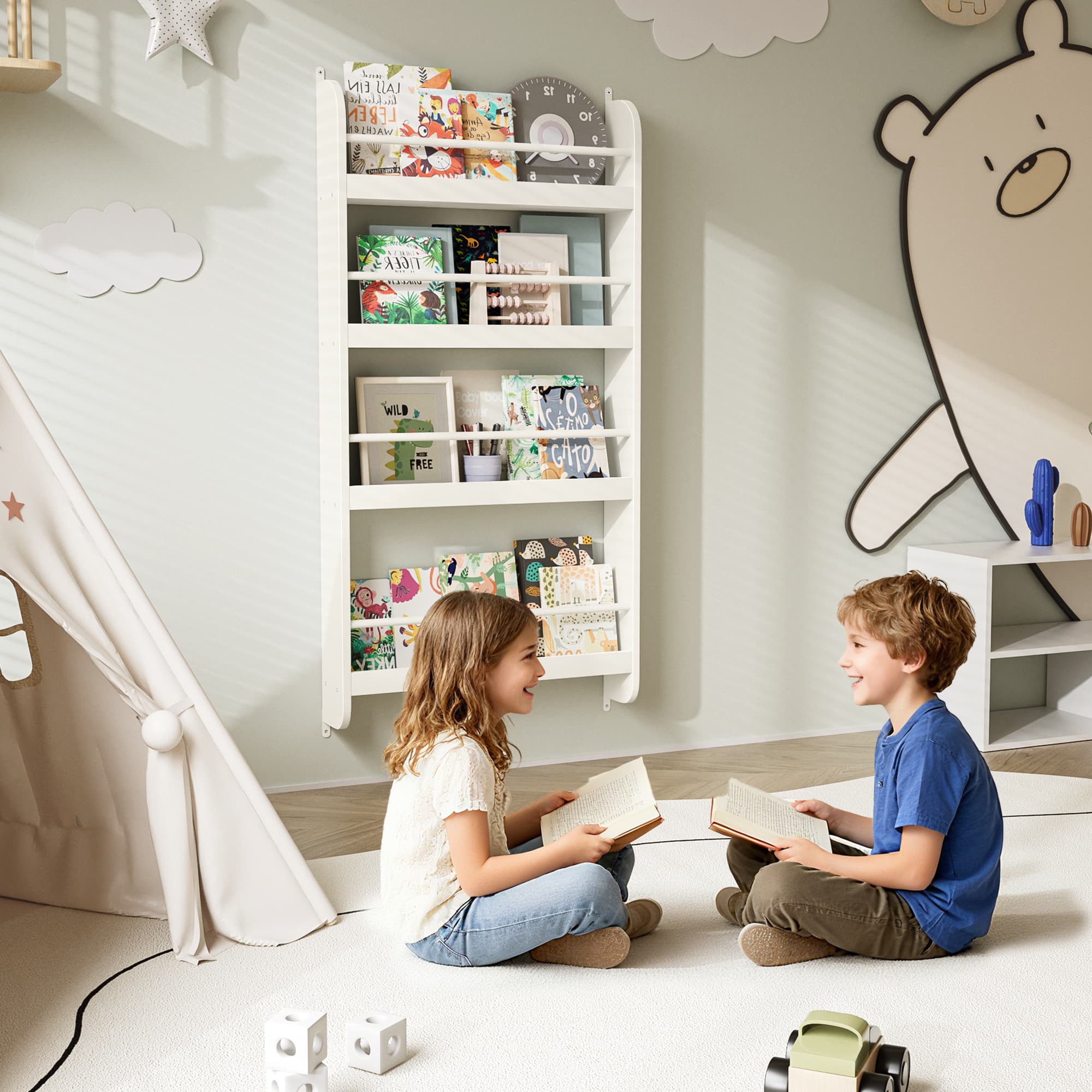 4-Tier Kids Bookshelf, Wall Mounted Kids Bookcases image 12