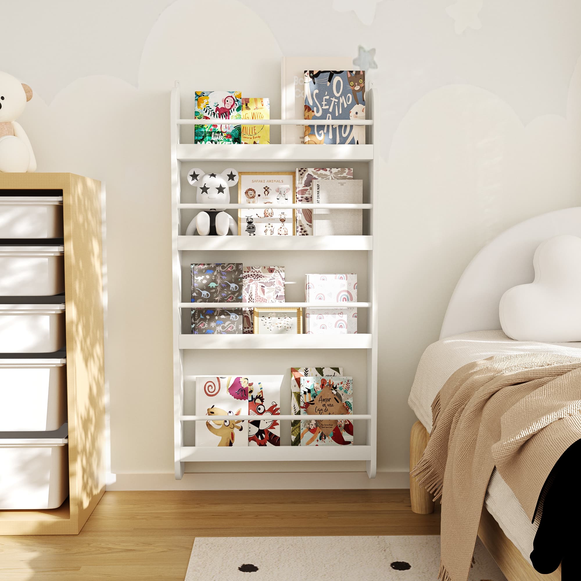 4-Tier Kids Bookshelf, Wall Mounted Kids Bookcases image 9