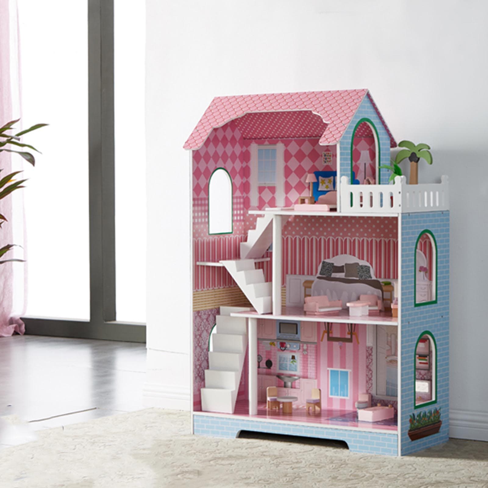 3 Tier Kids Dollhouse With Roof Window image 3