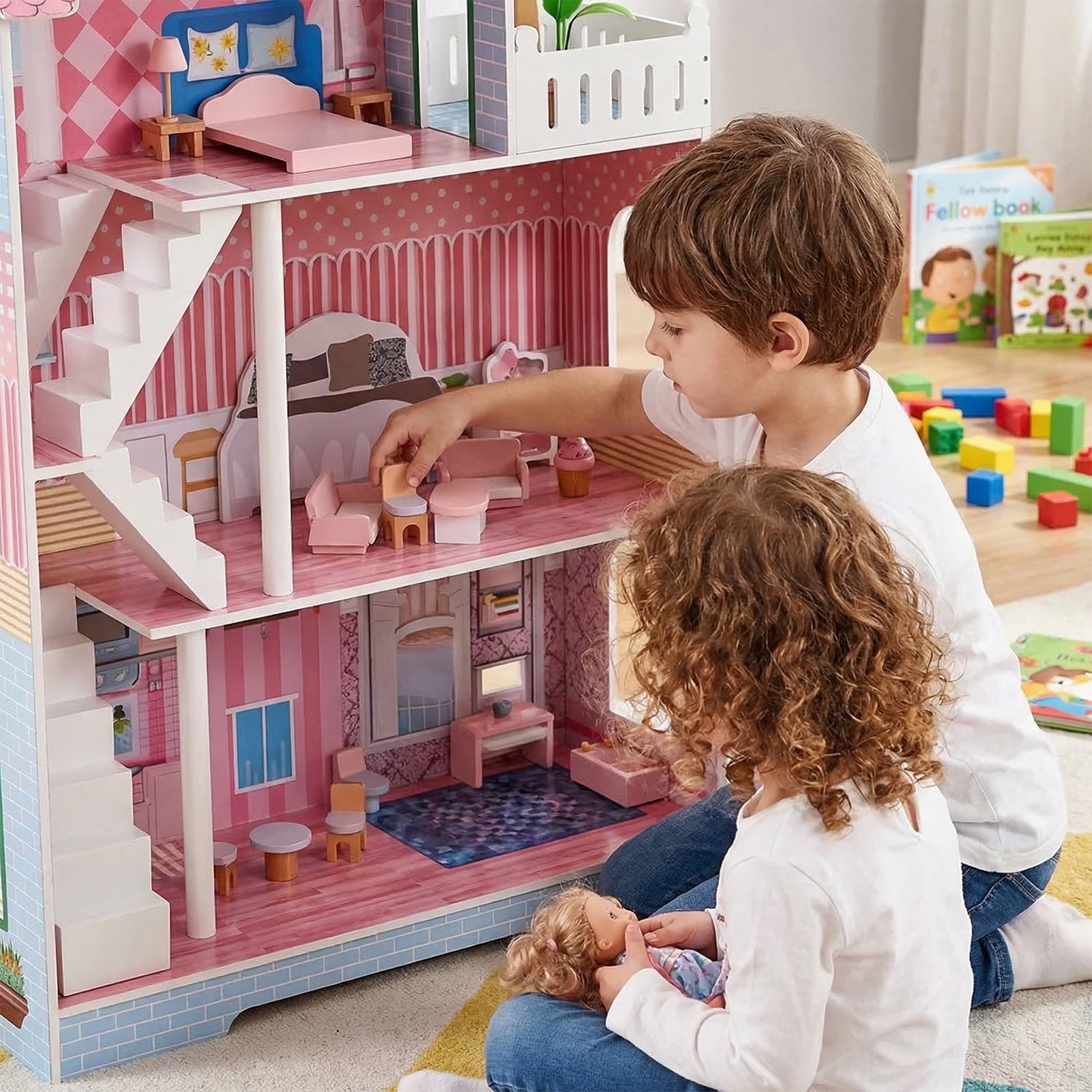 3 Tier Kids Dollhouse With Roof Window image 8