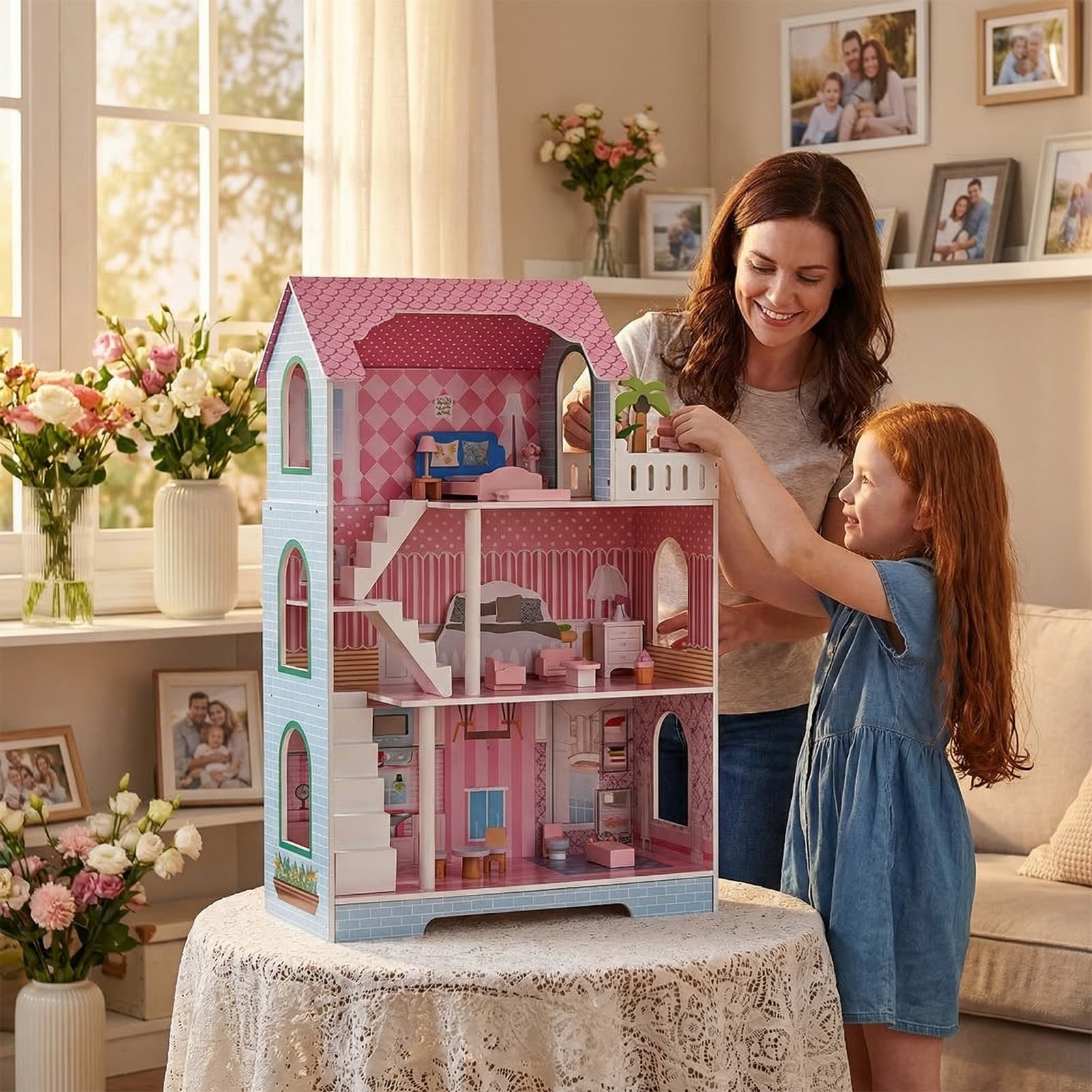 3 Tier Kids Dollhouse With Roof Window image 9