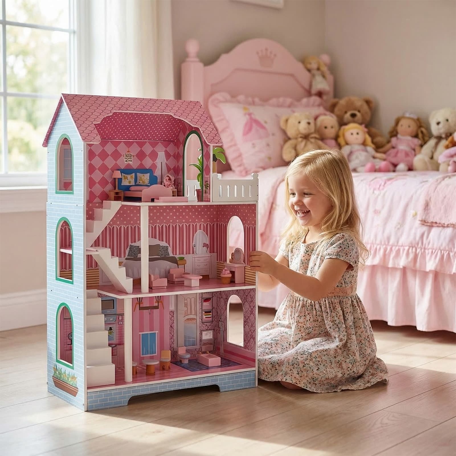 3 Tier Kids Dollhouse With Roof Window image 7