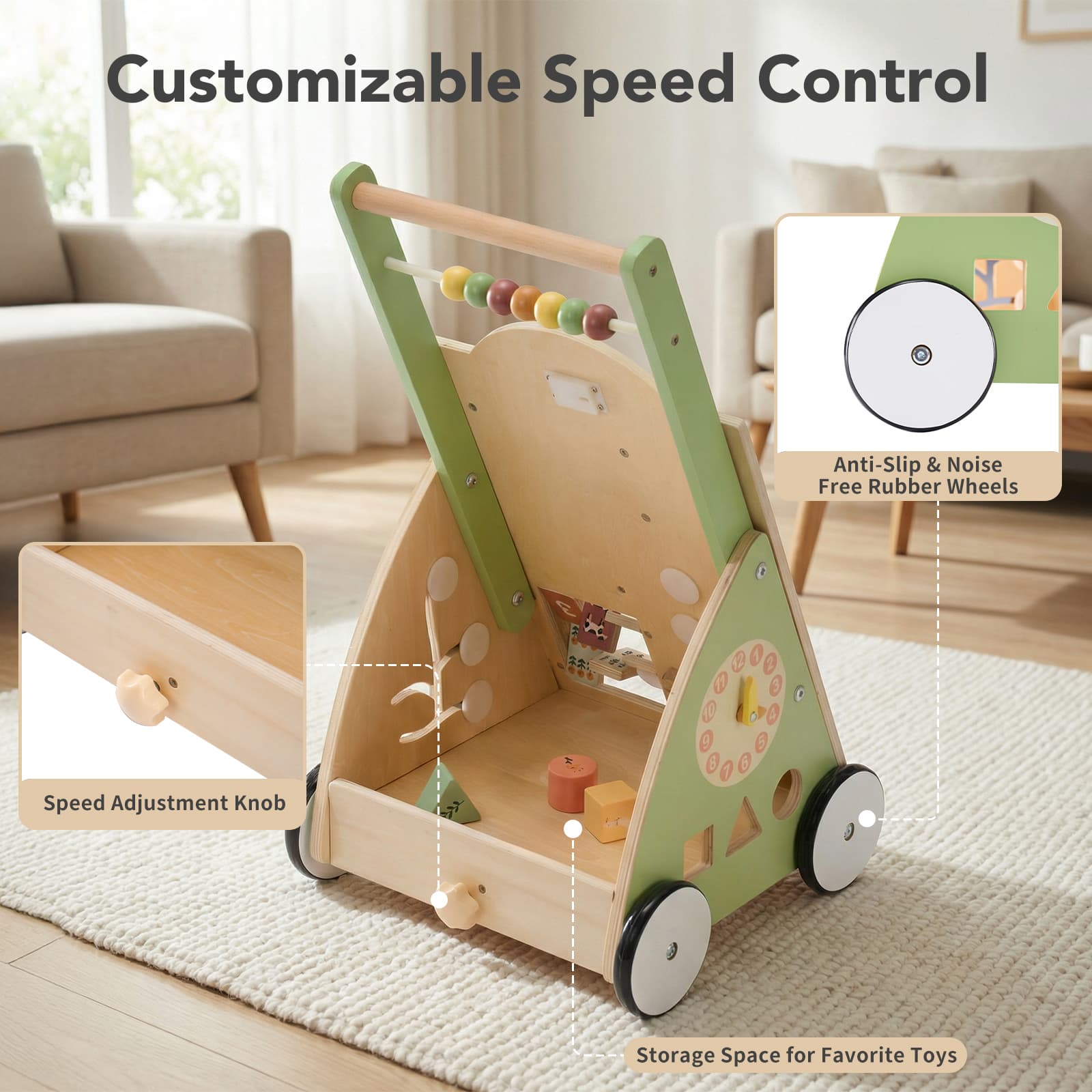 Wooden Baby Walker, Adjustable-speed Push-style Walker, Equipped image 8