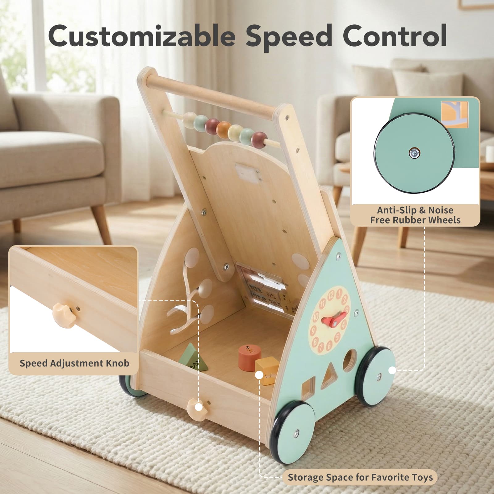 Wooden Baby Walker, Adjustable-speed Push-style Walker, Equipped image 9