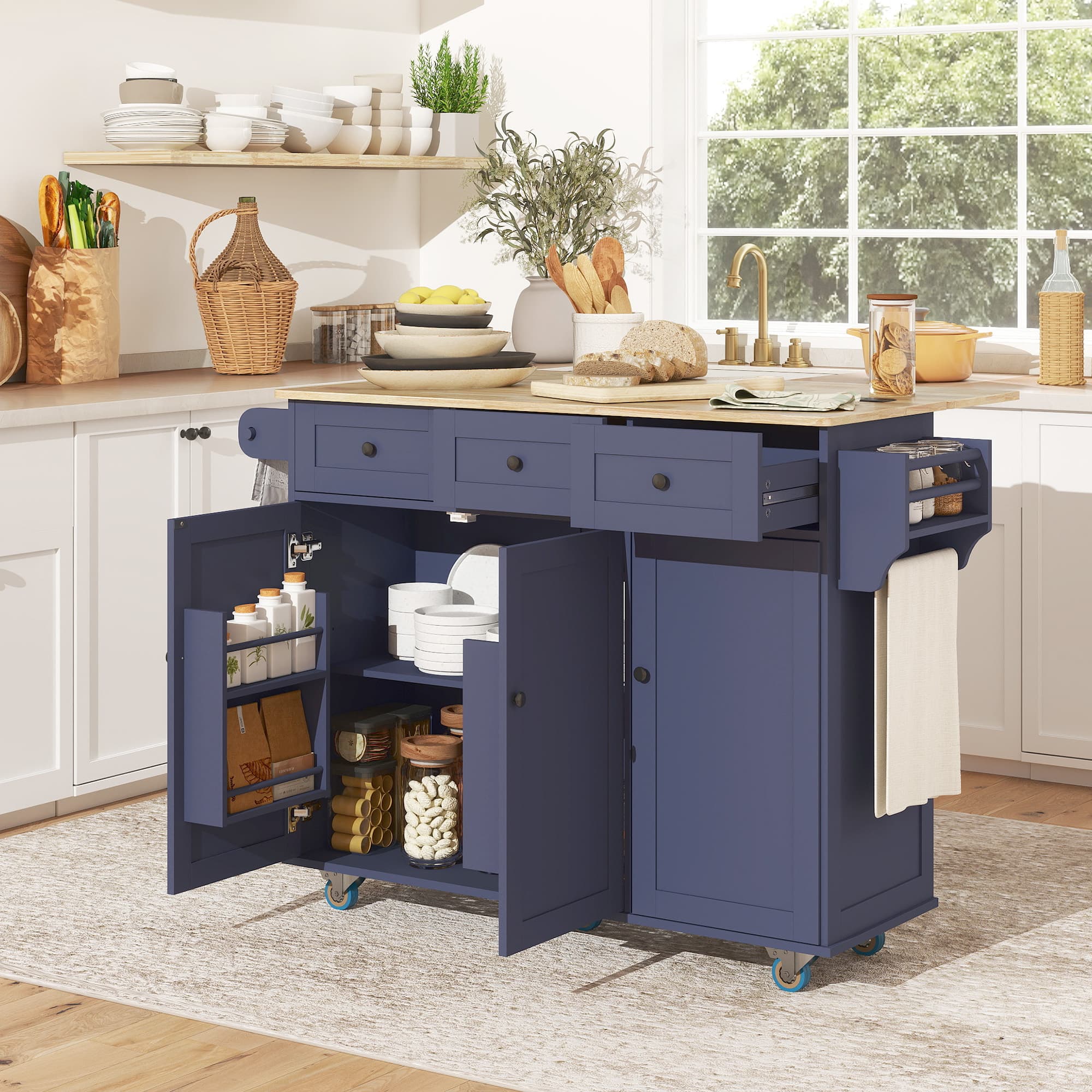 Kitchen Island on Wheels with Drop Leaf image 1