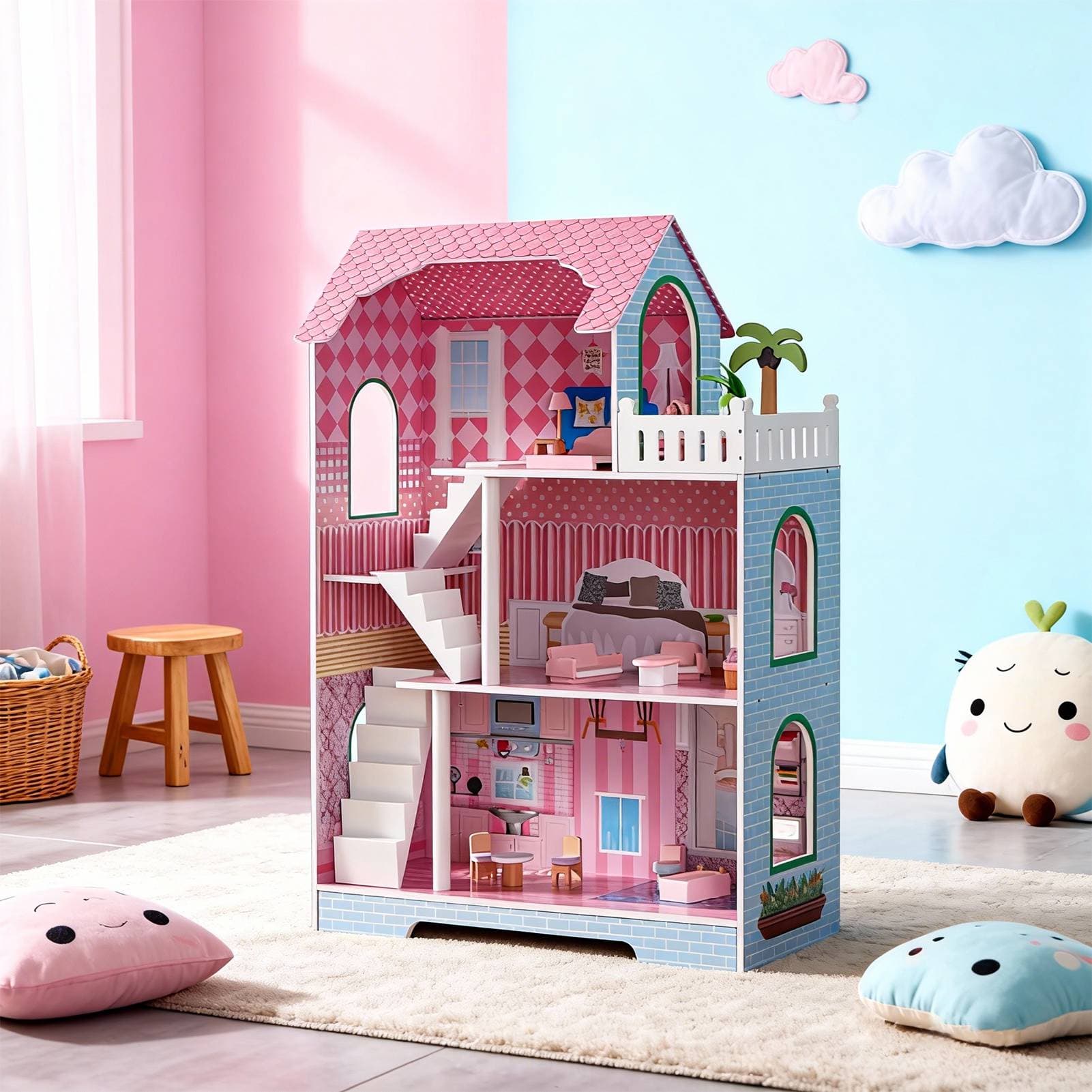 3 Tier Kids Dollhouse With Roof Window image 1