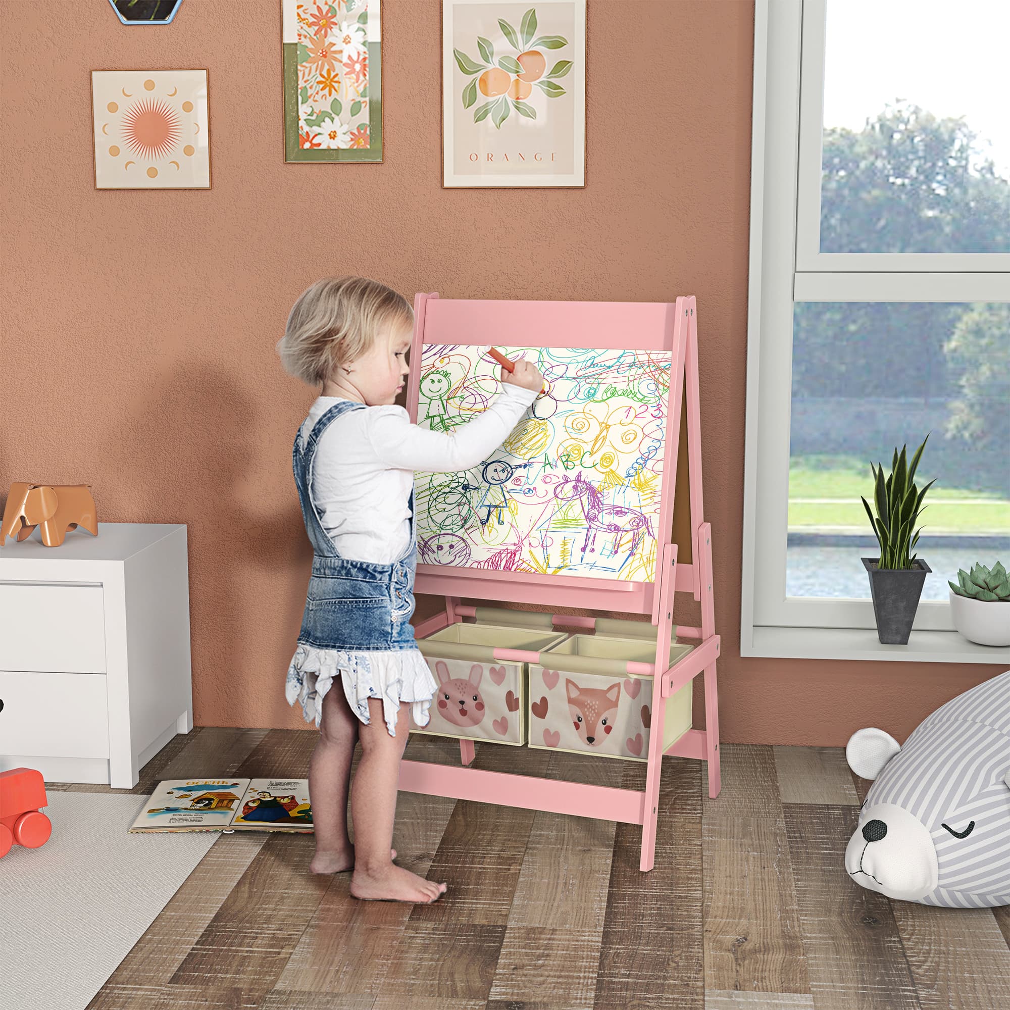 Art Easel for Kids with Paper Roll, Blackboard, Whiteboard, Storage, Pink image 1