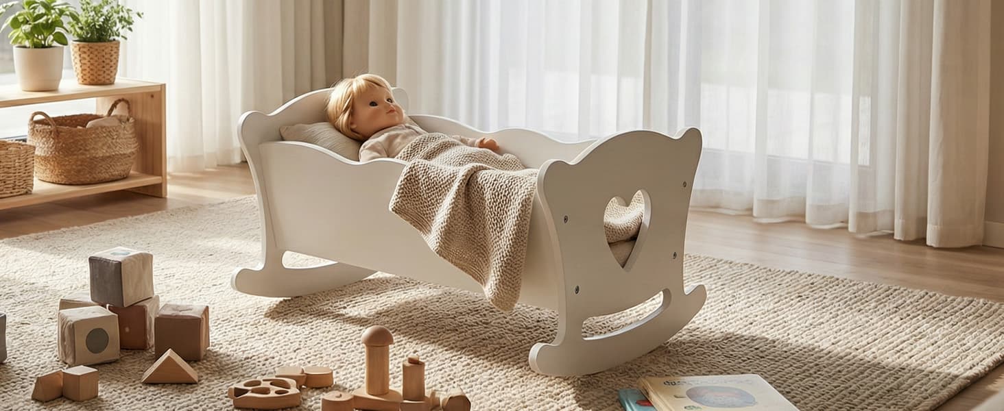 Wooden Play Doll Cradle Rocking Baby Doll image 1