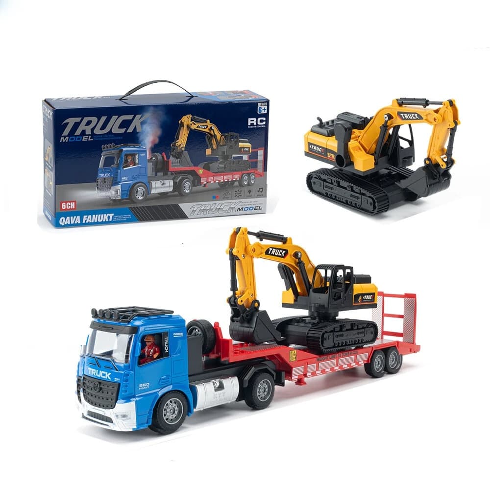 Flat Trailer Truck With Excavator Vehicles Toys image 1